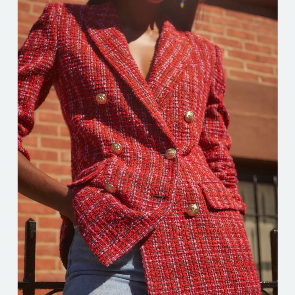 Red Tweed Plaid Double-Breasted Blazer Women’s Size L Old Money - Picture 4 of 16